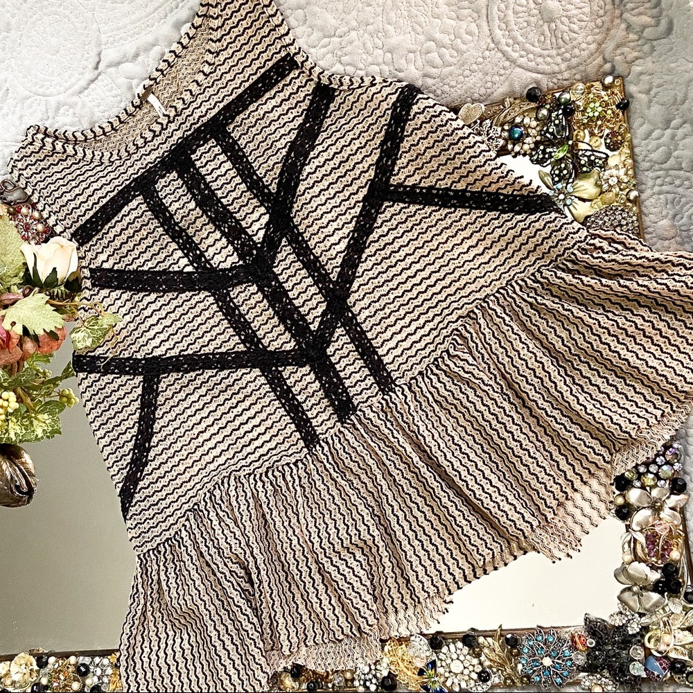Lace & Stripe Peplum Top in Black & Toasted Almond
